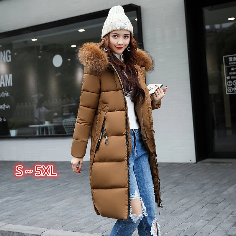 2025 Women's Down Parkas Winter Jacket Big Fur Collar Thick Slim Coat Fashion Hooded Cotton Outerwear Long Winter Woman Coat
