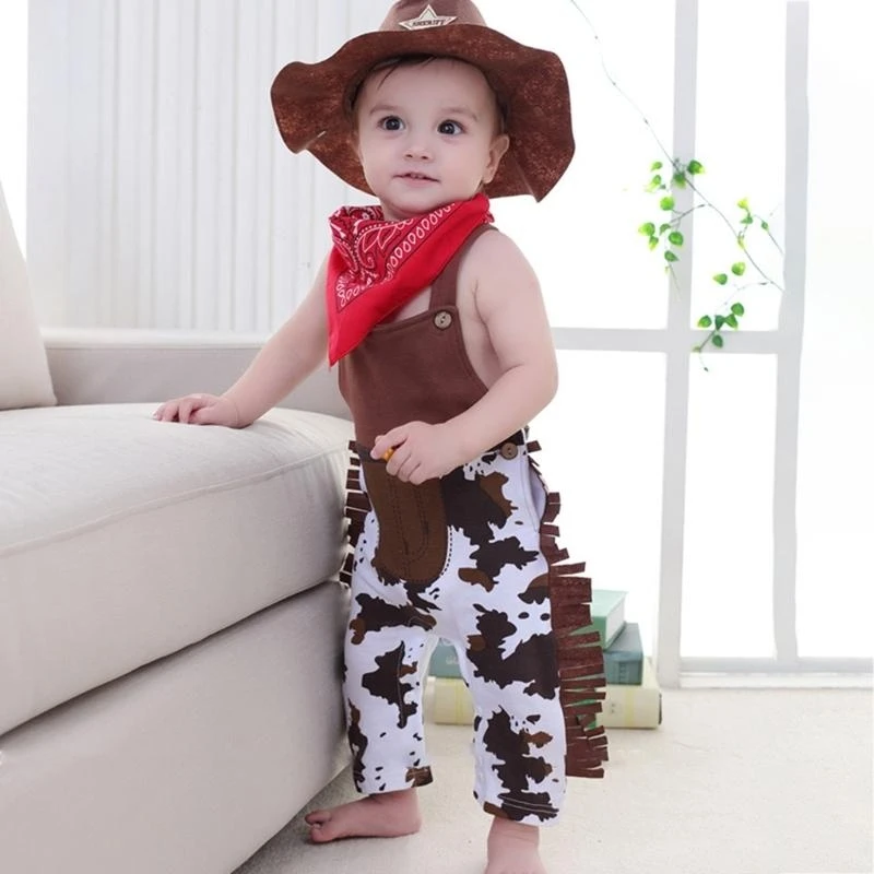 581F 6-12M Baby Cowboy Costume Hat & Pants & Neck Scarf Infant Photo Clothes Outfit
