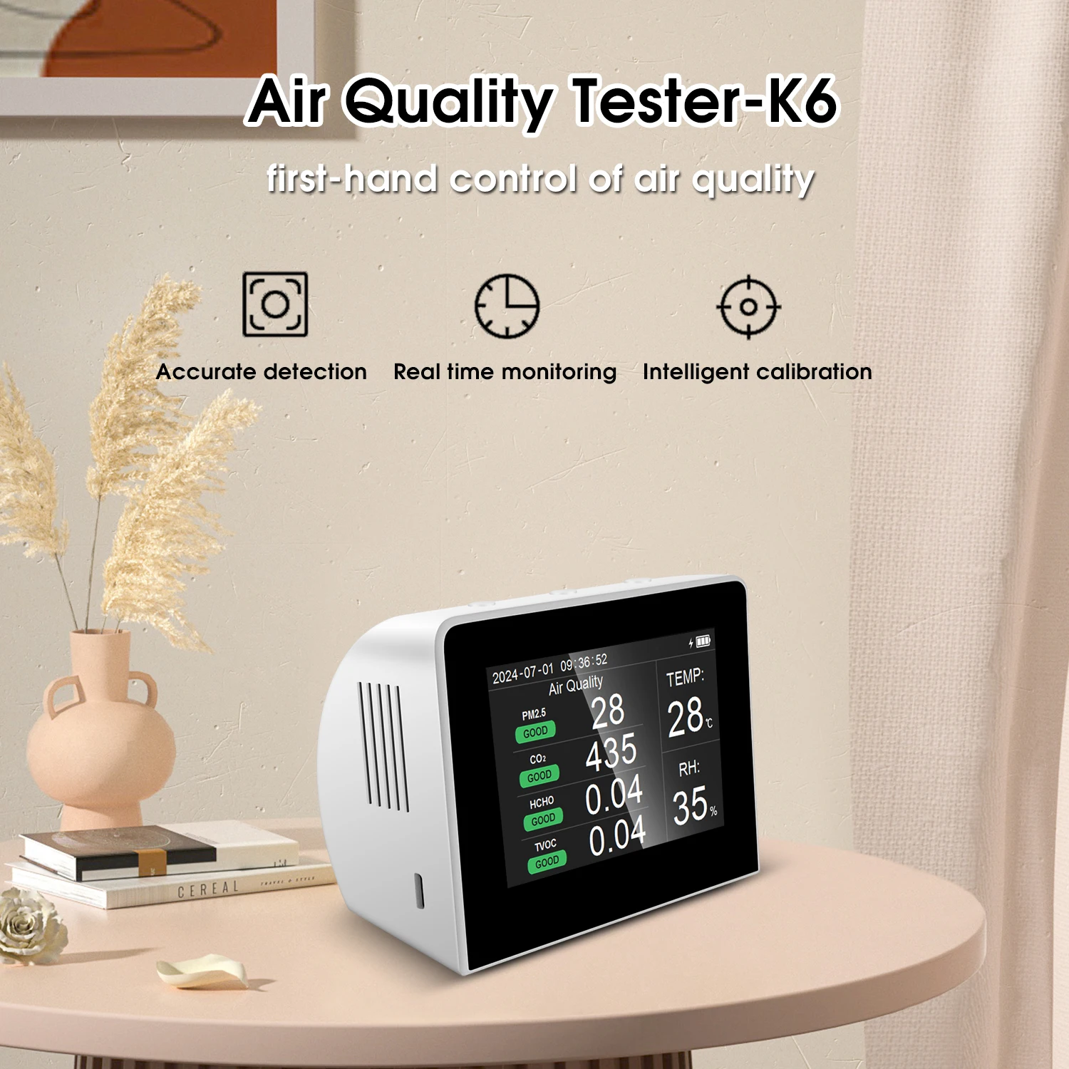 K6-D Air Quality Detector CO2 PM2.5 Formaldehyde TVOC Temperature Humidity Home Air Quality Monitoring, Demonstration Aid