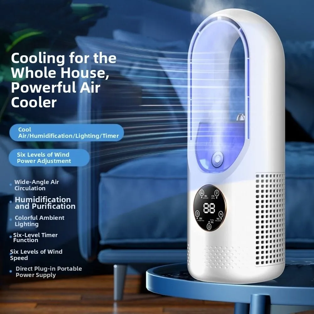 Bladeless Desktop Humidifying Fan Colorful Lights 6 Speed Silent Spray Fan Timer Quiet Operation Mist Electric Fan Office