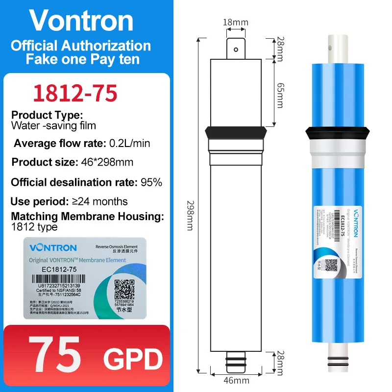 Vontron-Purificador de Água para Substituição Doméstica, Elemento de Filtro, 75 GPD, Membrana RO Universal, 1812-75, marca genuína