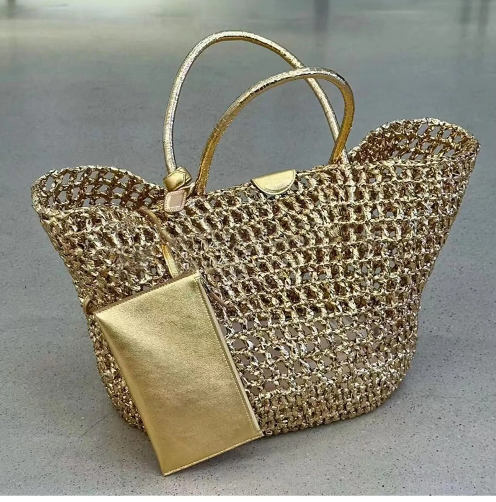 

Handmade Bohemian Crochet Straw Tote Bag Golden Carryall Large Capacity Summer Beach Bag