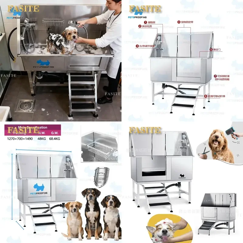 For Large Medium Dogs 50 Inch Stainless Steel Single Door Pet Bath Tub Staircase Design Easy Access Grooming Shower Station