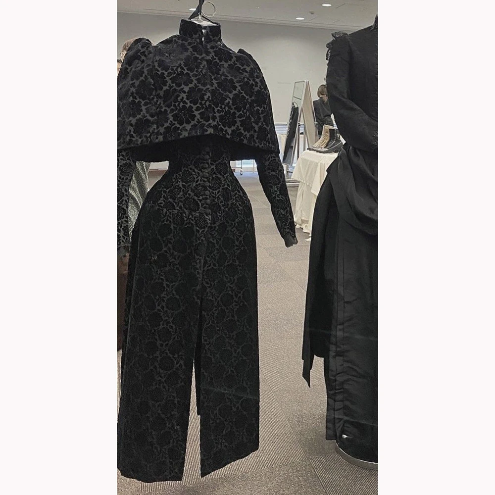 

Elegant Black Women's Long Sleeve Dress with Mandarin Collar And High Slit Customized Sheath Gown with Sealed Closure for Party
