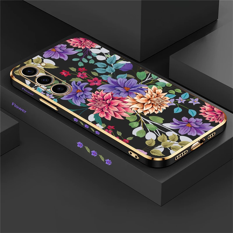S24 Flower Soft Case dla Samsung Galaxy S23 Ultra S22 Plus S23 FE S20 S21 S10 Luxury Plating Silicone Shockproof Cover Coque