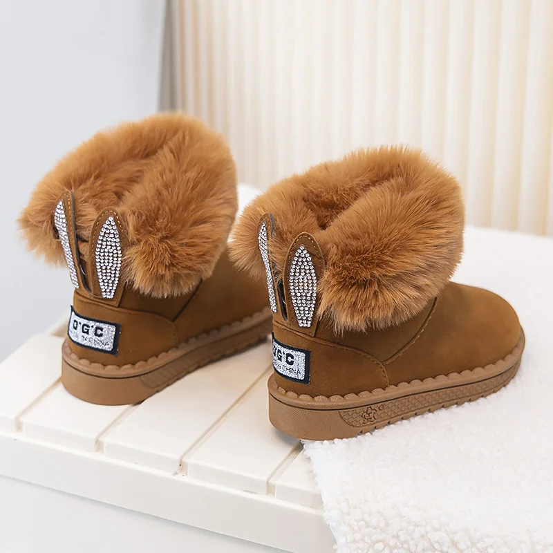 

Cute Girl Boot 2025 Winter Plush Girl Shoe Thick Soft Sole Cotton Shoe Versatile Kid Shoes Water Diamond Rabbit Child Snow Boots