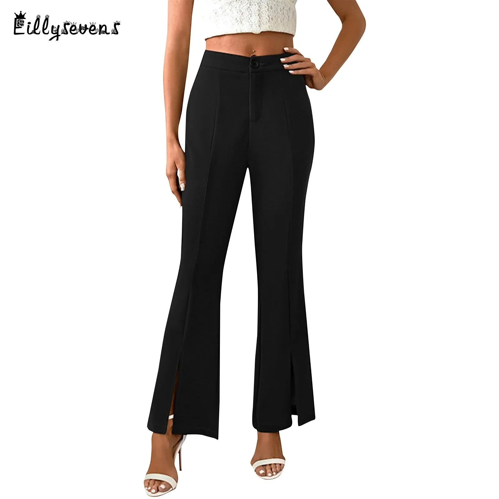 

Women'S Micro Flared Pants Summer Casual Comfortable High Waisted Button Elastic Straight Slim Fit Flared Pants Solid Slit Pants