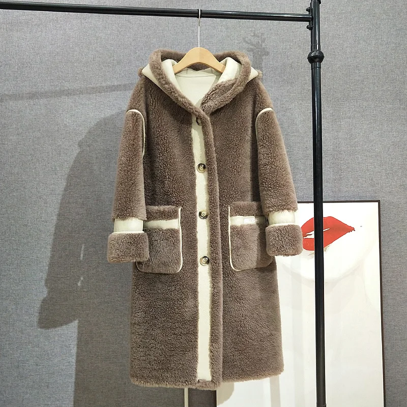 

Suede Patchwork Lamb Wool Hooded Winter Coat Women Sheep Shearling Fur Warm Jacket Overcoat PT399