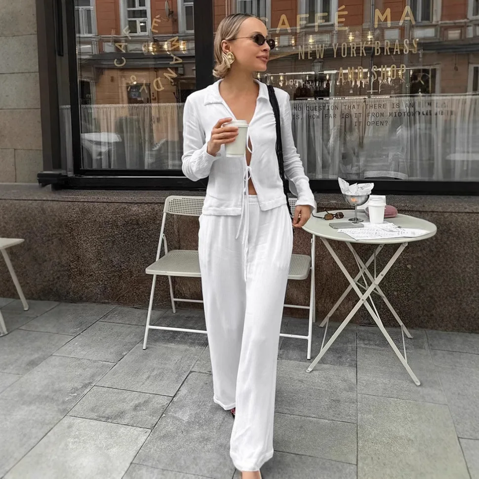 

Stylish White Lace-up Cardigan Wide-leg Trousers Two-piece Spring Casual Suit