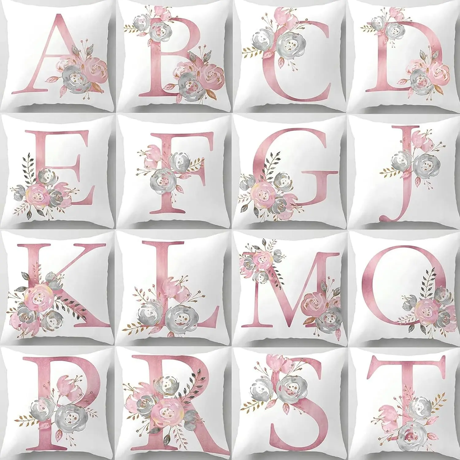 Decorative Initial Pillow Cover Floral Print Monogram Accent Throw Cushion Pink Letter Typography for Bedroom Living Room Home D