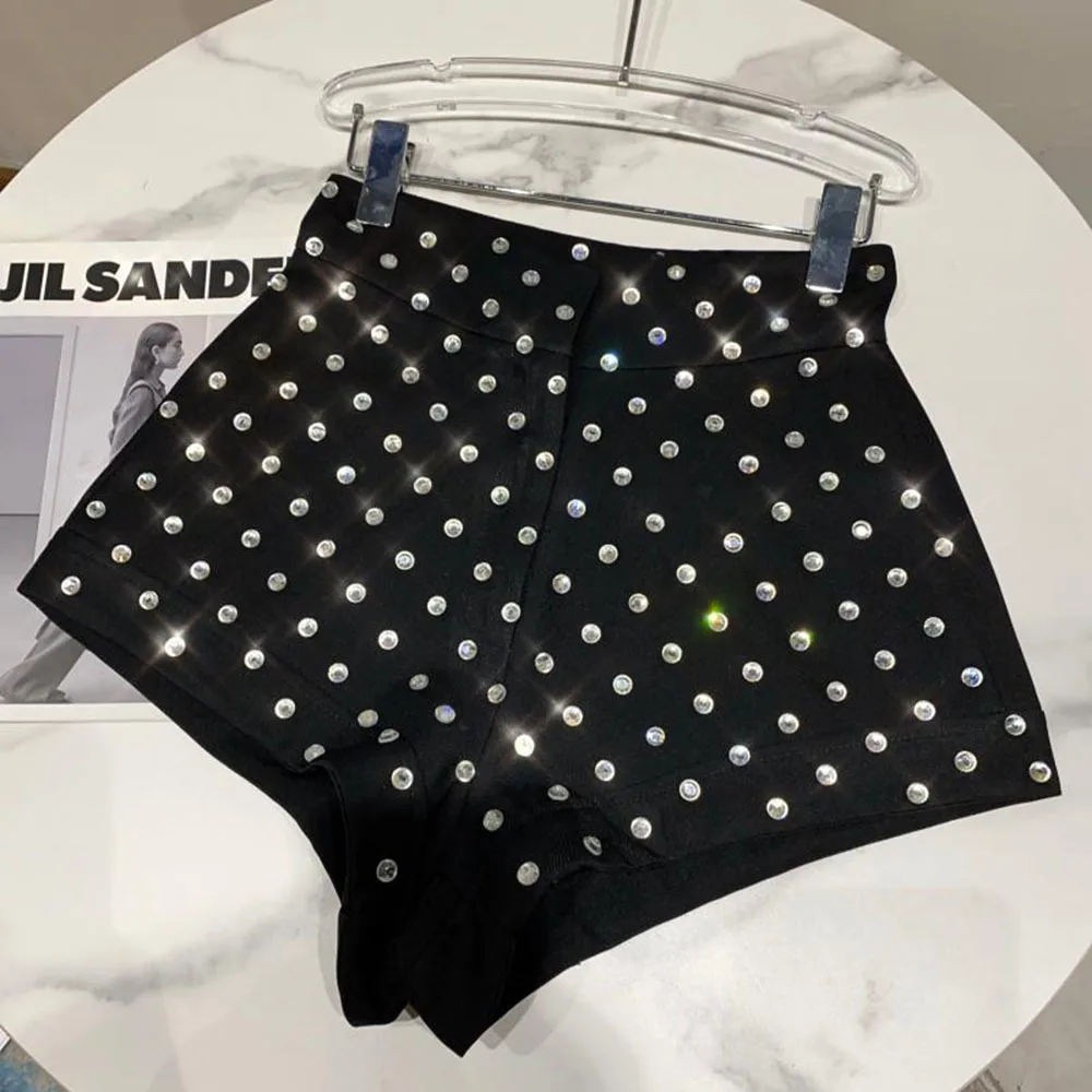 Novo grande strass temperamento shorts para mulheres de cintura alta ajuste fino branco preto curto calças verão shorts 2022