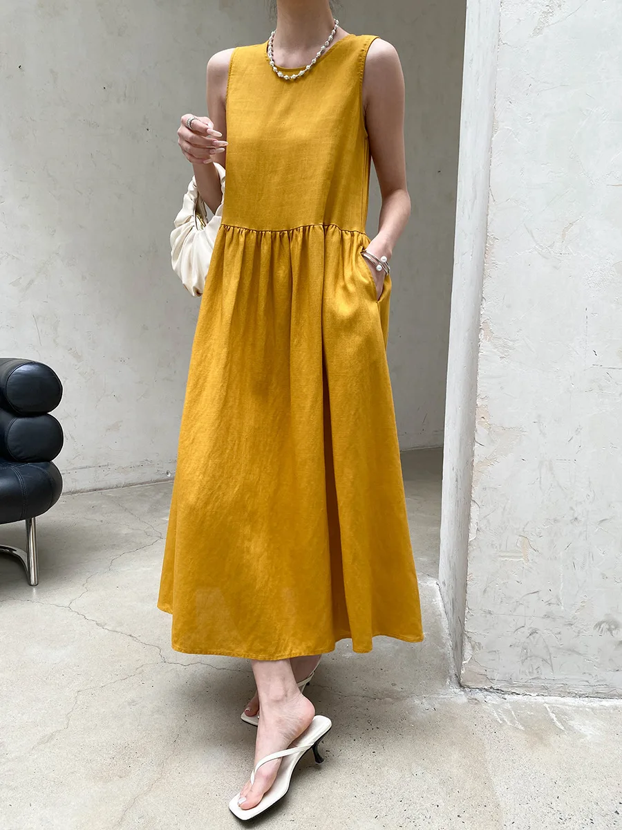 Sommerliches, lässiges, einfarbiges, ärmelloses Patchwork-Kleid mit Rundhalsausschnitt für Damen – Detail 22