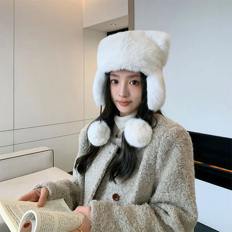 

Winter Women's Little Bear Hat Thickened True Rabbit Hair Warm Lei Feng Hat Korean Version Cute Cat Ear Plush Hat