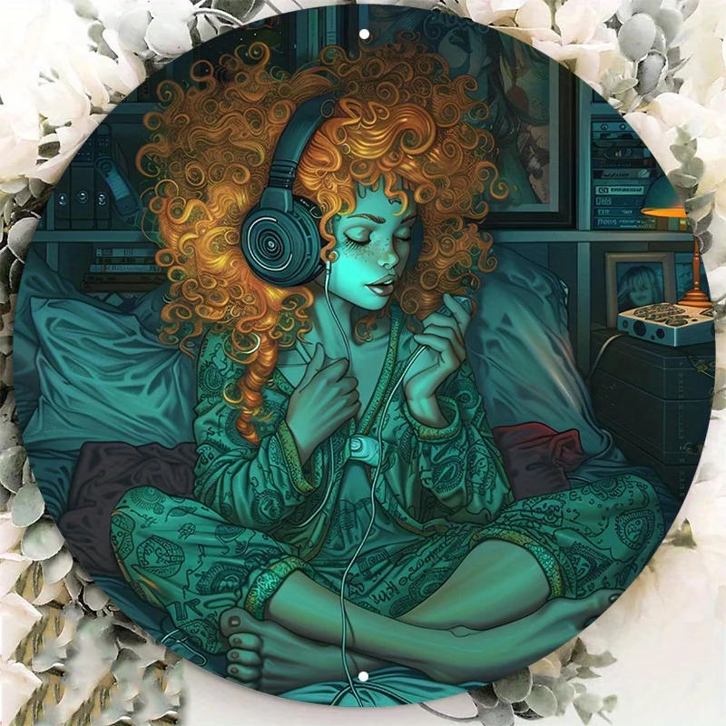 

Artistic Aluminum Wall Decor Sign, Round Metal Art with Disheveled-Haired, Headphones and Cozy Room Theme, 8 in, 1PC
