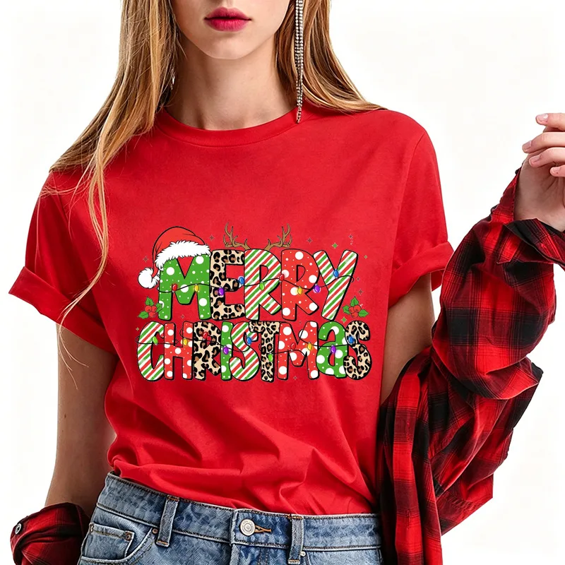 Merry Christmas Leopard Santa Hat Antler Holly Art Print Graphic Womens T Shirt Short Sleeve Crew Neck Casual Ladies Tee Tops
