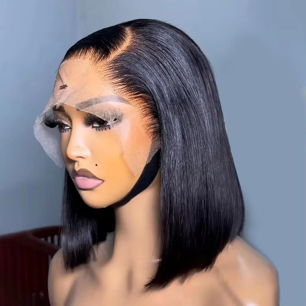 أسود العظام مستقيم قصير بوب شعر مستعار 4x4 إغلاق الدانتيل الباروكات الأمامية للنساء 13x4 الدانتيل شعر مستعار أمامي البرازيلي ريمي 100% باروكة من شعر طبيعي #1