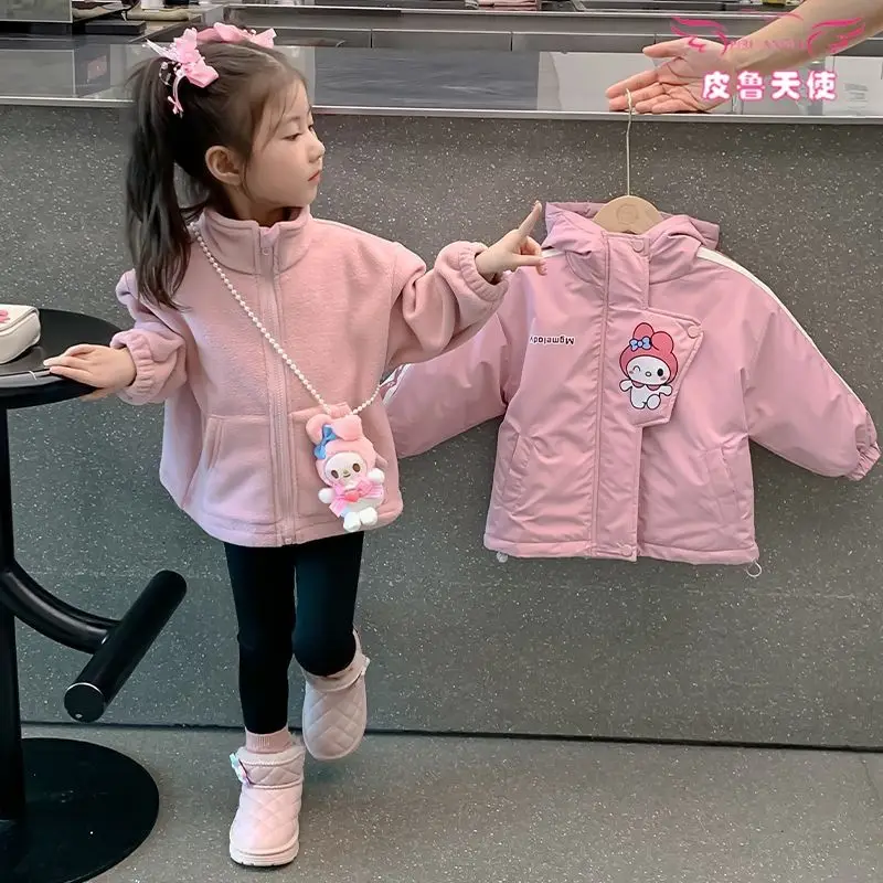 

Cartoon My Melody Girls Hooded Jacket Anime Sanrios New Autumn Winter Tops Thickened Warm Children's Jacket 3-In-1 Detachable