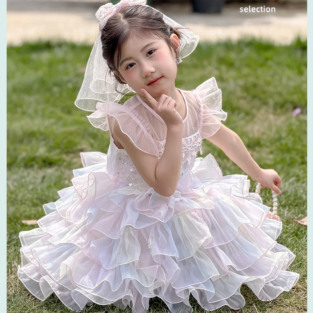 

Girls Dress 2026 Spring/summer New Children's Clothing Korean Style Girl Baby Sequin Mesh Cake Princess Dress with Veil