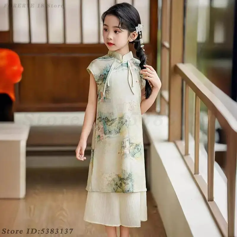 Kids Traditional Hanfu Dress Suit Girls Princess Costume Children Elegant Cheongsam Evening Party Qipao Chinese Vintage Vestidos