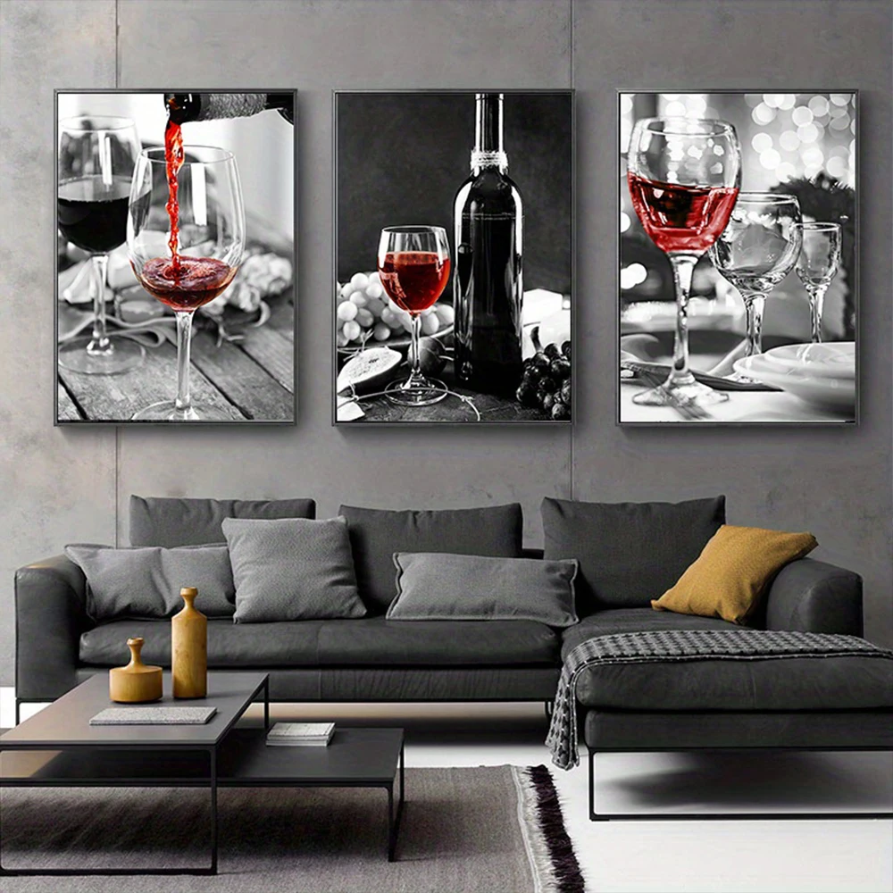 Frameless Kitchen Poster Red Wine and Bottle Picture Black White Drink Wall Art Canvas Painting Dining Room Restaurant Decor