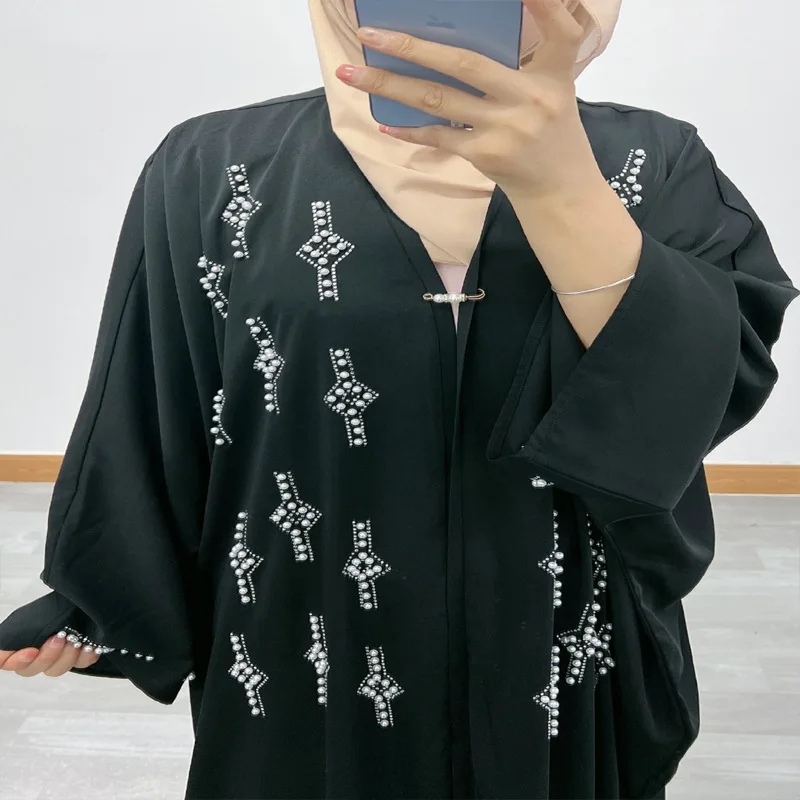 

Luxury Abaya Dress Sparkling Crystal Embroidery Flowy Bat Sleeve Oversized Kimono Cover Up For Ladies