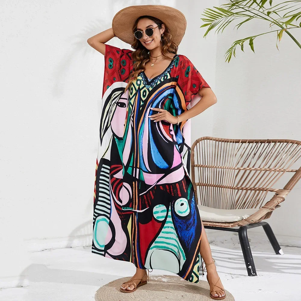 Women's Clothing Print Cover-Ups Beach Coverup Vacation Beach Dress Bikini Sunbrella Outer Shirt Dresses Vestido Trend Oversized