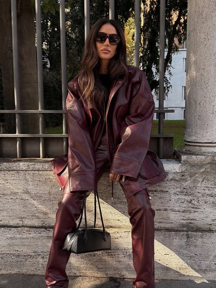 Chic Wine Red Fake Leather Jacket For Women Fashion Long Sleeved Clothes Lapel Zipper Coat Autumn Winter New High Street Outwear