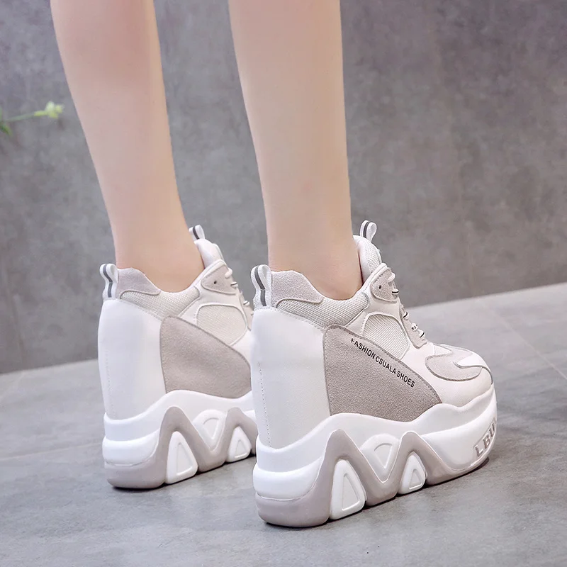 Sapatos de plataforma alta respirável para mulheres, Sapatos crescentes de altura, Sapatilhas grossas, Tênis, Novo, 12 cm