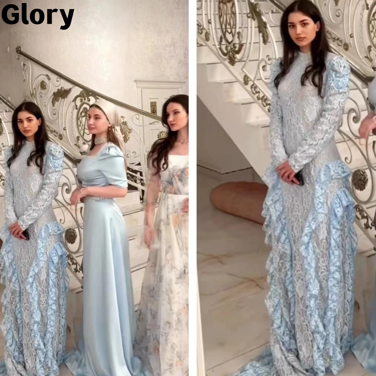 Sky Blue Lace Prom Dresses 2023 New Design Long Sleeves Ruffles Elegant Evening Dresses Vestido Fiesta فساتين مناسبة رسمية