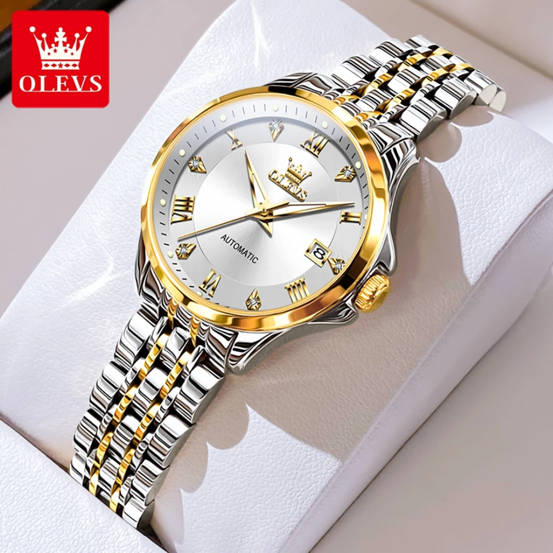 OLEVS 6702 Mechanical Fashion Watch Gift Stainless Steel Watchband Round-dial Wristwatch Calendar Luminous