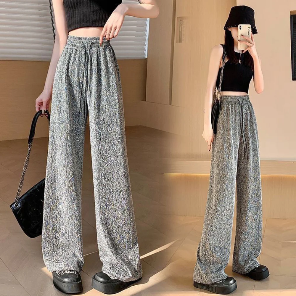 Party Casual Women\'s Long Pant Elastic Waist Bright Diamond Crystal Wide Leg Pants Elegant Retro Drawstring Y2K Women\'s Trousers