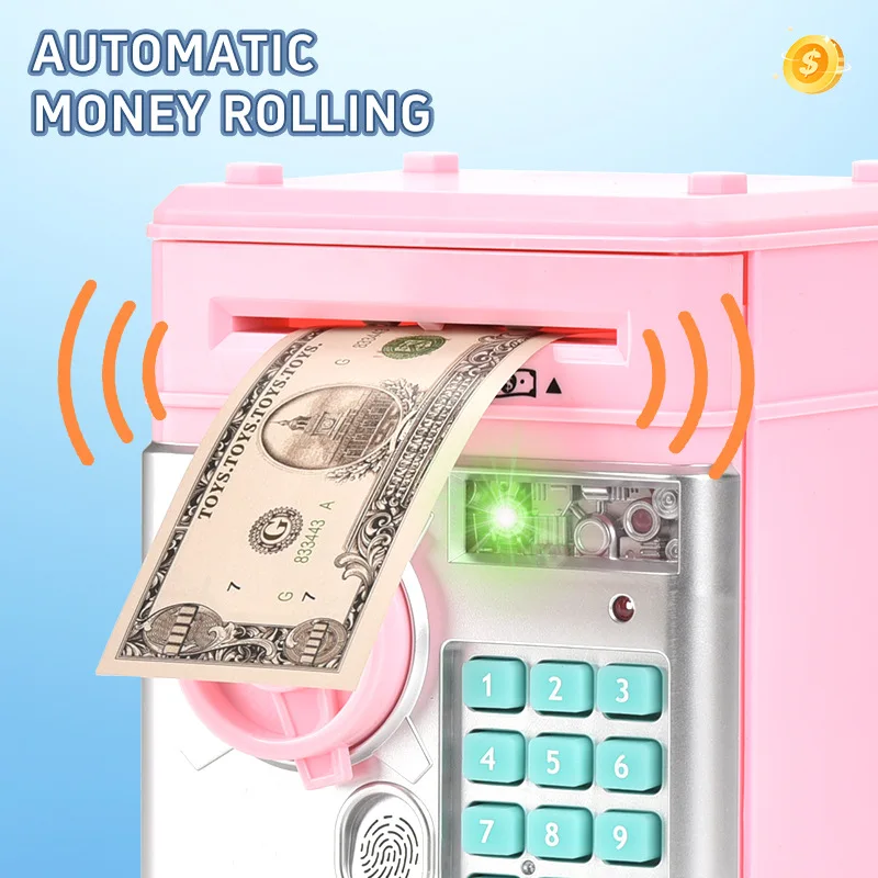 어린이 전기 저장 상자 안전 장난감 지문 암호 듀얼 잠금 해제 ATM 보라색 빛 지폐 감지기 돼지 저금통 아이 선물
