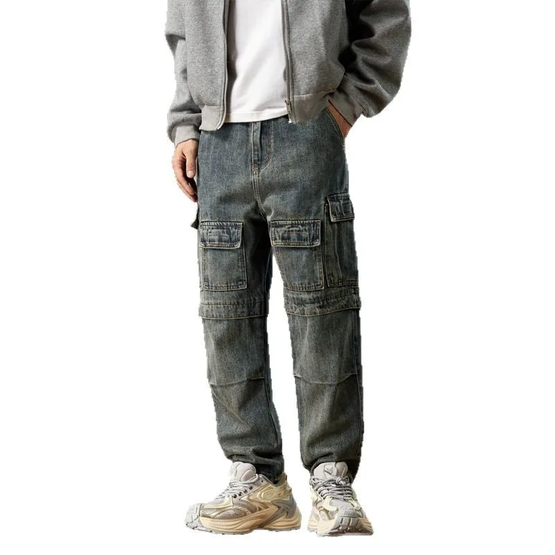 9049 ماركة أزياء أمريكية كلاسيكية للربيع والخريف، شخصية فضفاضة جديدة، جينز حريم عالي الجيوب للرجال