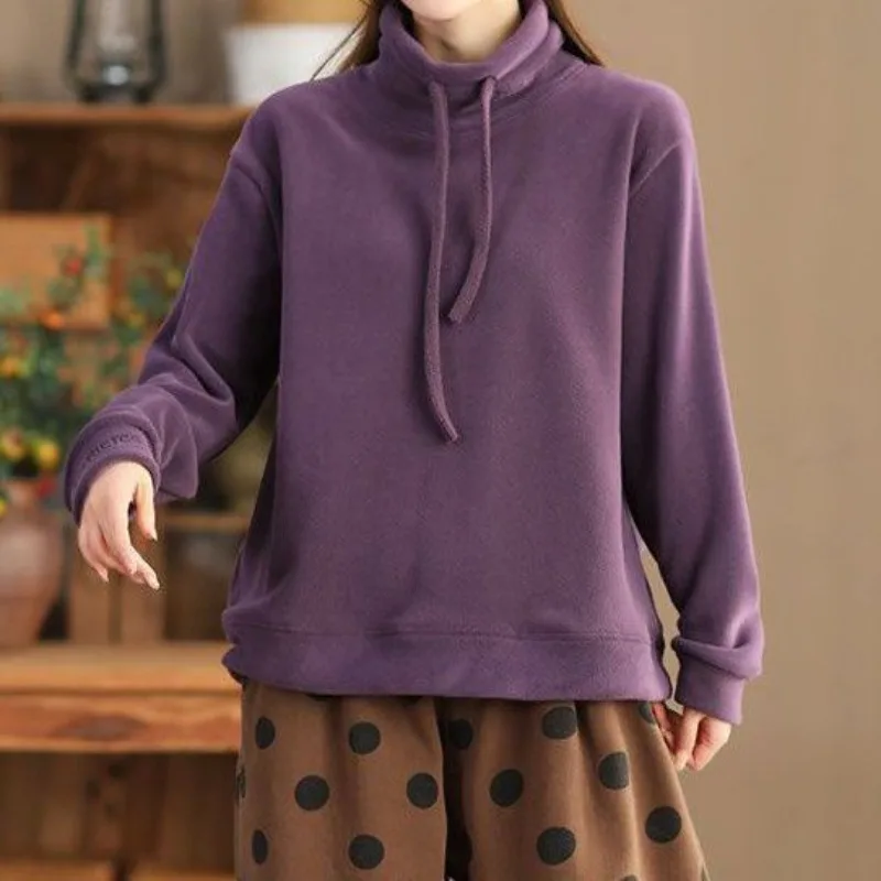 Women's High Collar Thickened Hoodie Double-sided Fleece Casual Sportwear Sweatshirts High Street Embroidery Drawstring Pullover