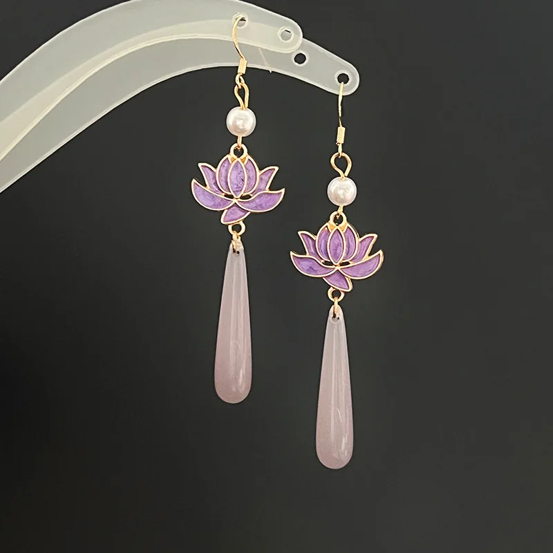 Ethnic Chinese Style Butterfly Lotus Flower Waterdrop Tassel Earrings for Women Ancient Elegant Ear Ornaments Hanfu Accessories