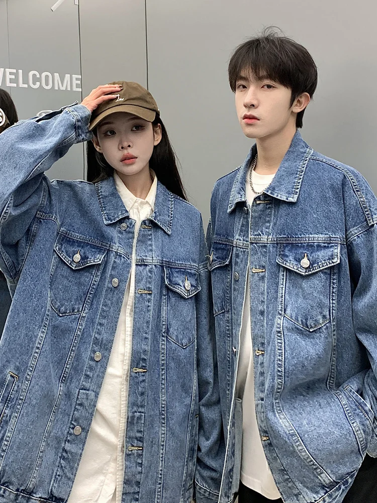 

Couples Sle Loose Fit Denim Jaet Men's Spring Autumn Trendy Brand Waed Blue Workwear Jaet American Retro Jaet