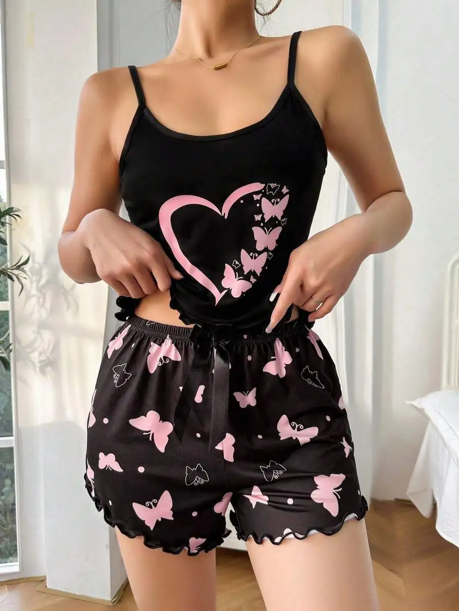 Heart And Butterfly Print Camisole Sleepwear Set For Women