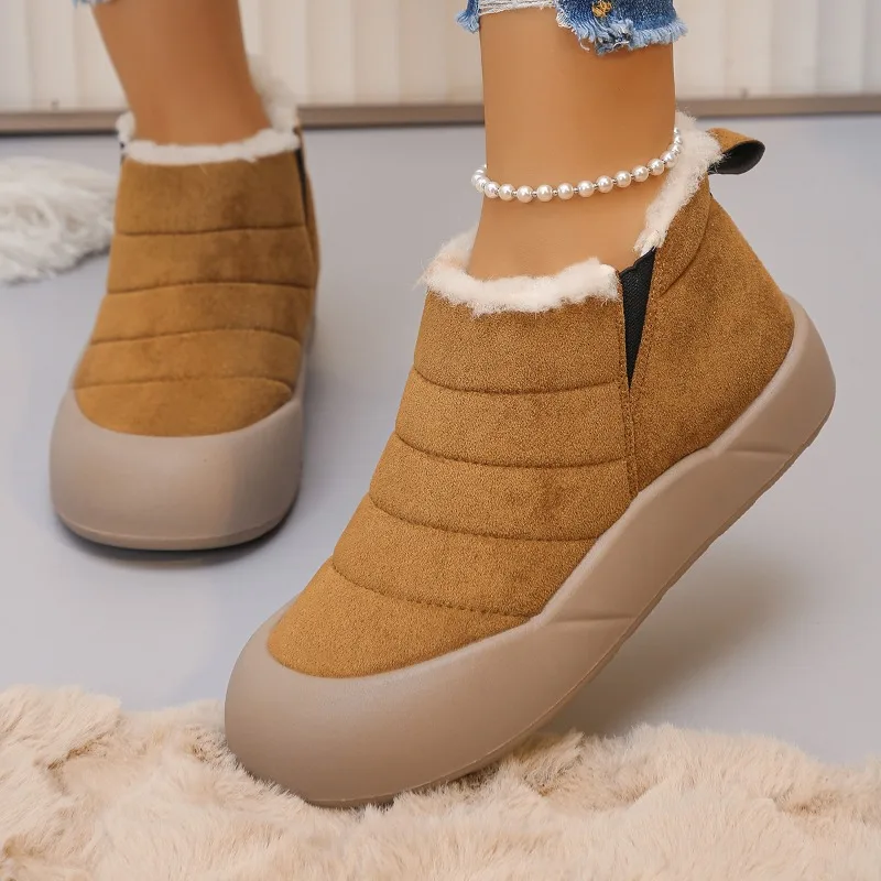 

Бренд-дизайнер 2025 г., женские зимние модные удобные замшевые ботильоны с круглым носком, домашние теплые женские зимние ботинки на плоской подошве