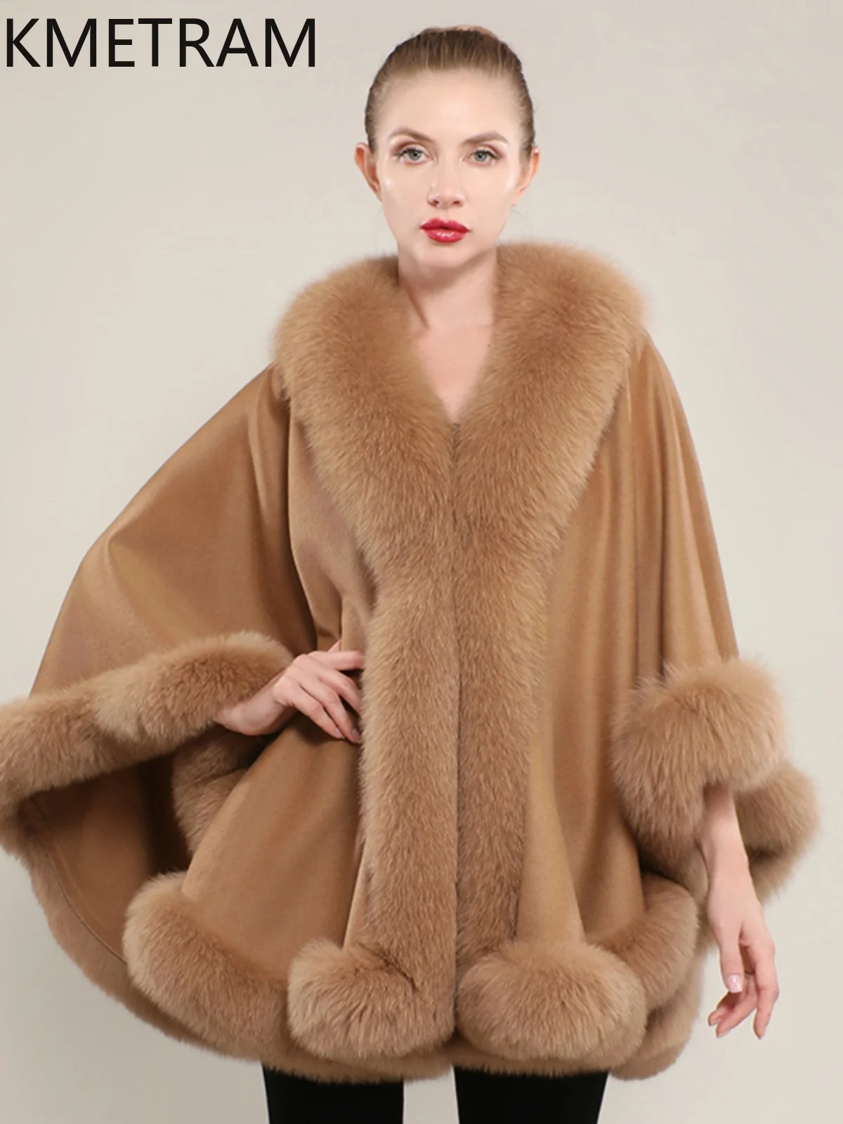 90% Wool + 10% Cashmere Cloak with Fox Fur Collar Winter Real Fur Coat Woman Party Shawl Coats Women Clothing 2025 шуба женская