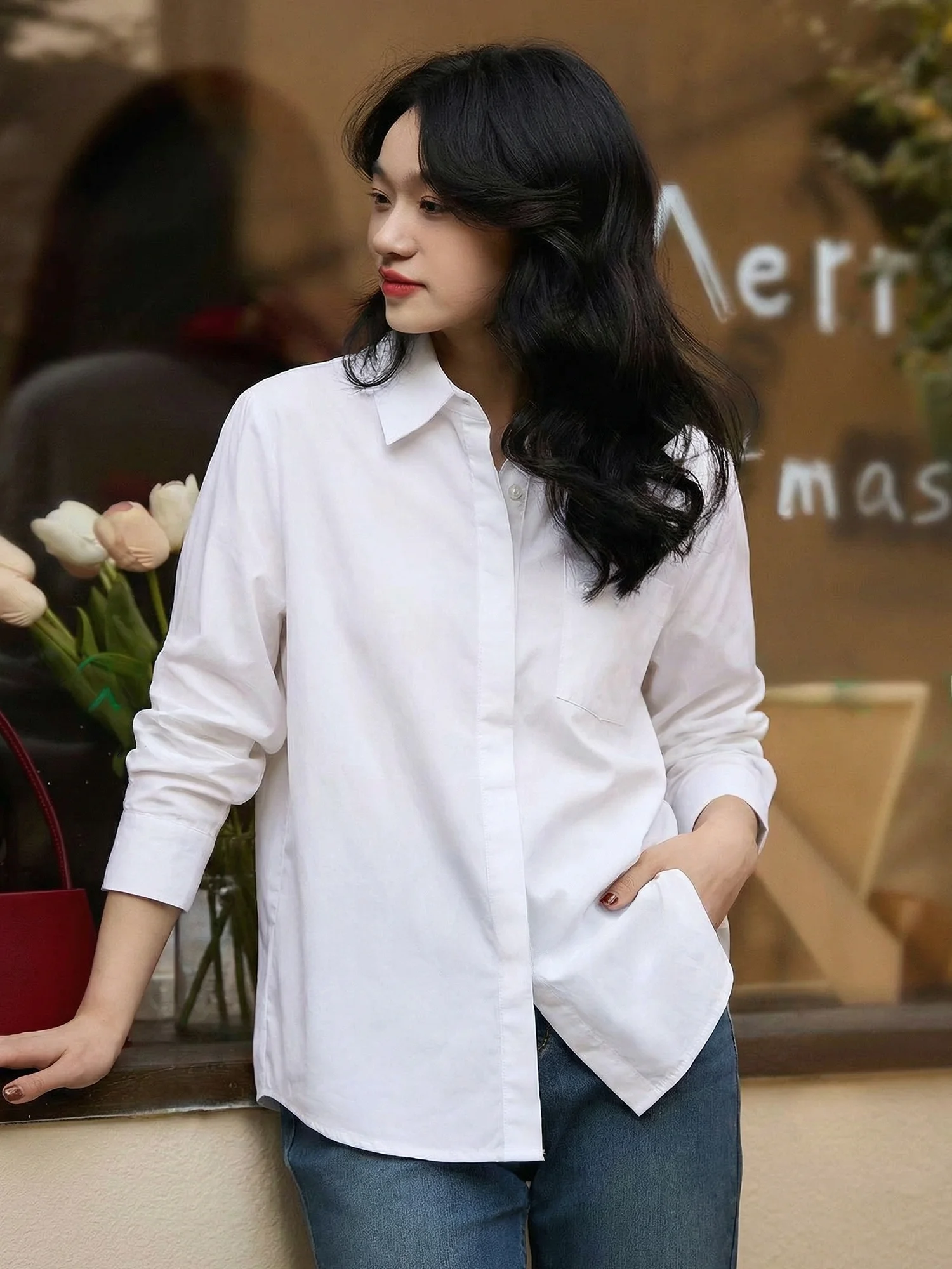 

Женская свободная блузка Chivirin Basic White с длинным рукавом и отложным воротником, дышащая, из хлопка, для повседневной носки, весенняя новинка