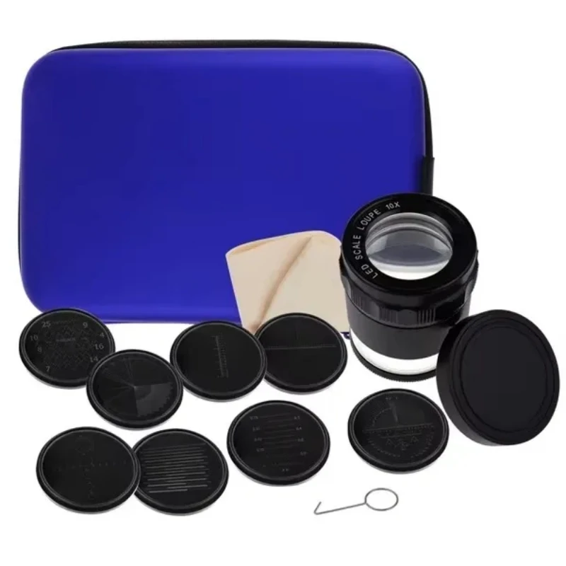 8 LED Light Scale Loupe Magnifier 10X Magnification 25mm Field Of View With 1 4 9 Interchangeable Glass Chart Magnifying Glass