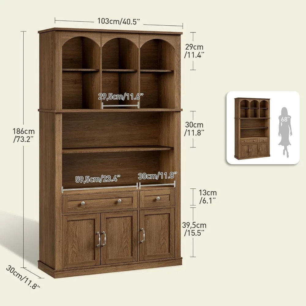 Современная 6-уровневая арочная книжная полка середины века с ящиком для хранения и дверцей, высокий напольный книжный шкаф в стиле фермерского дома