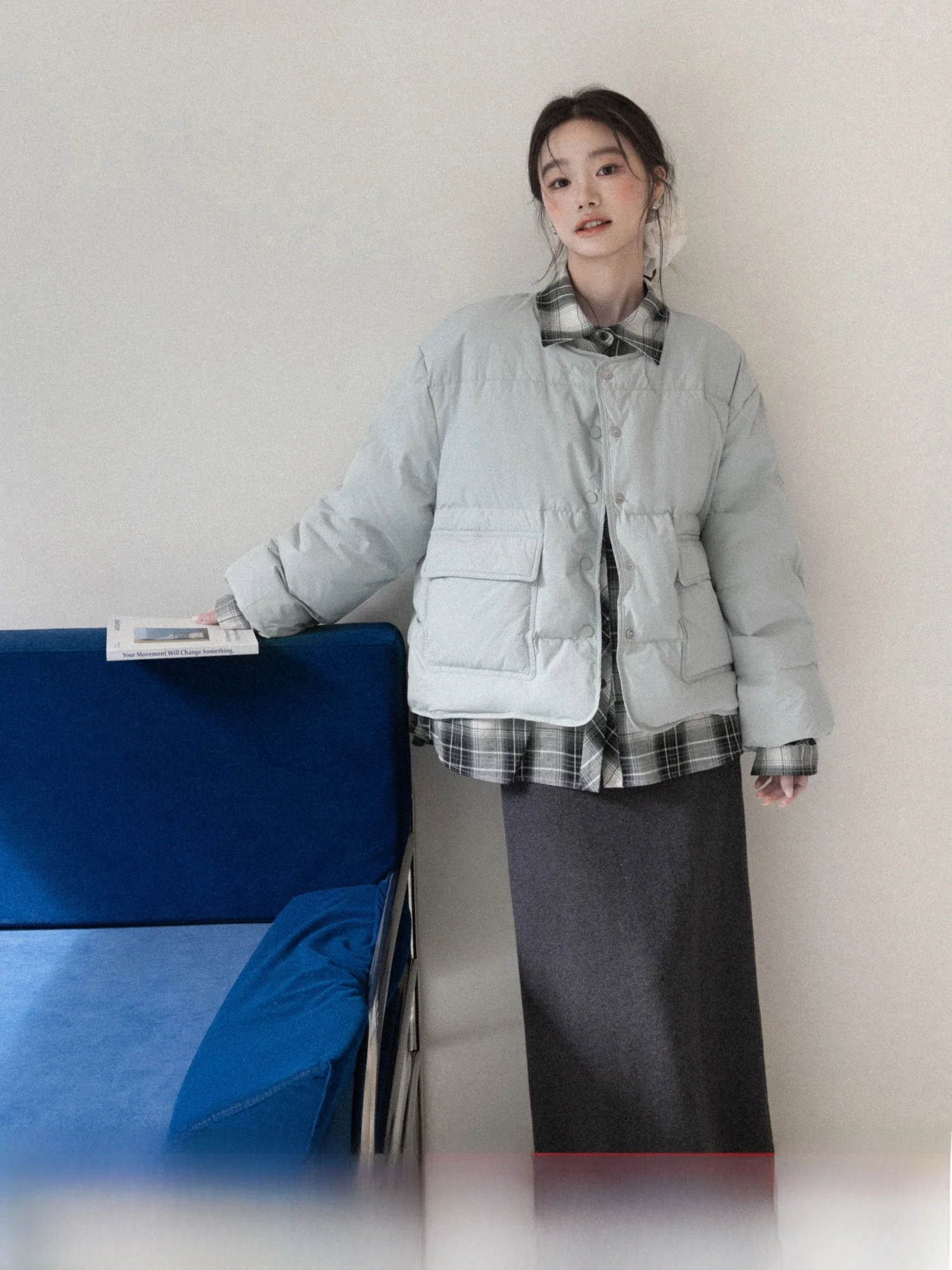 

Sweet Preppy Plaid Puffer Jaet Fake Two-Piece Oversized Thiened Women's Winter Casual Sle Du down Coat High Waist