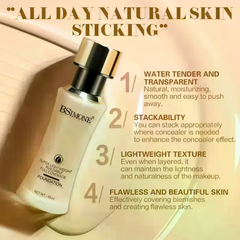 Fondotinta Liquido BSIMONE per il Viso, Base Trucco Impermeabile, Correttore Viso Idratante, Cosmetico Correttore in 6 Colori
