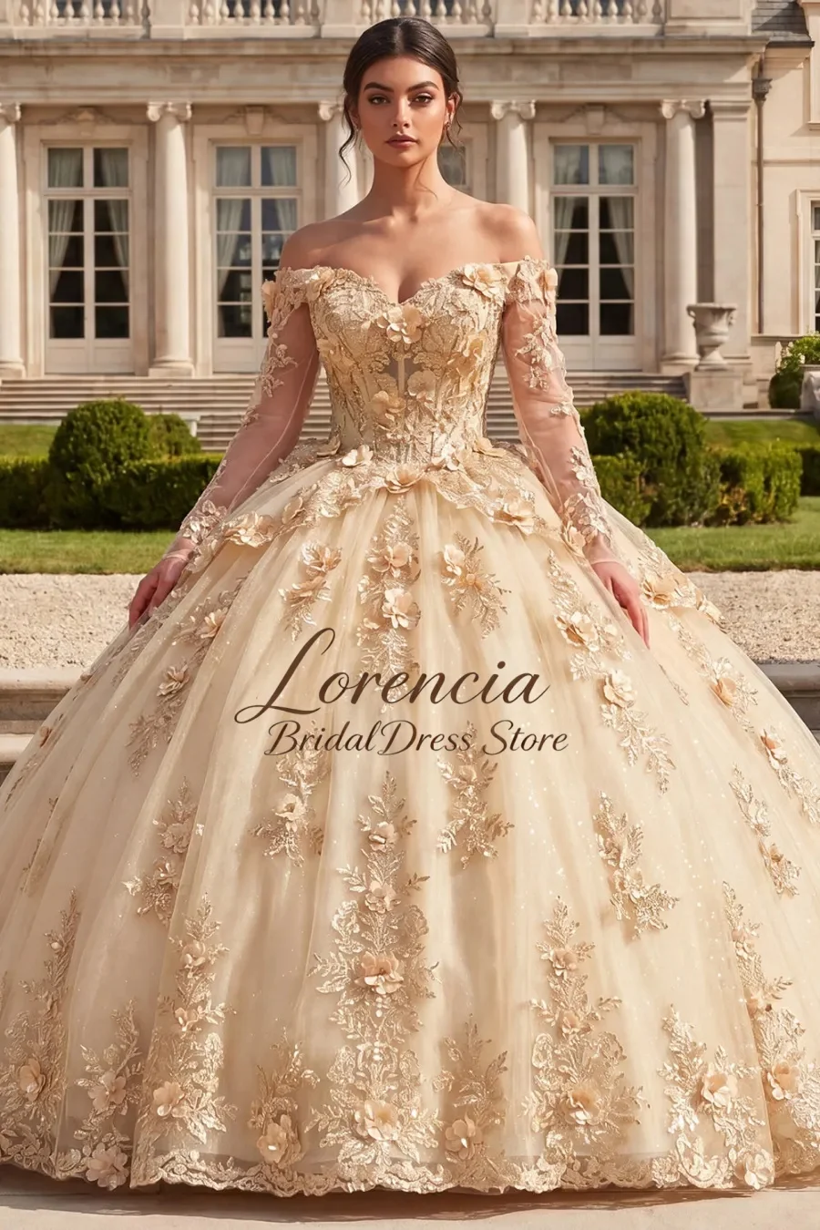 

Customized Quinceanera Dress with Floral Long Sleeves Corset Glitter Princess Long elegant Dress vestidos de fiesta elegantes