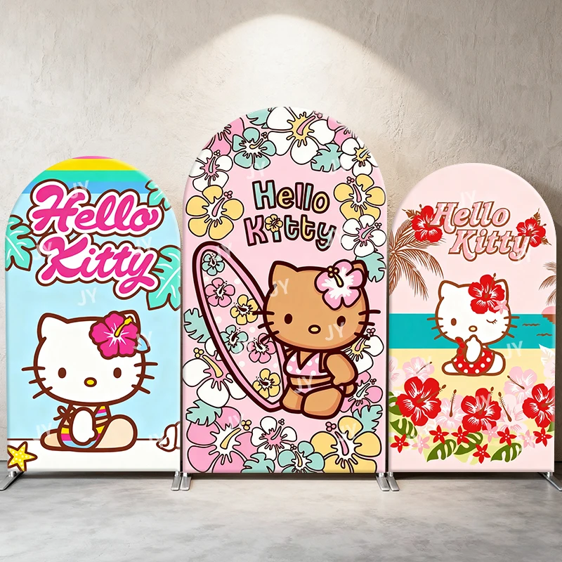 

Hello Kitty Arch Backdrop Cover Hawaiian Floral Beach Cute Cartoon Style Birthday & Baby Shower Party Photo Booth Decor Props