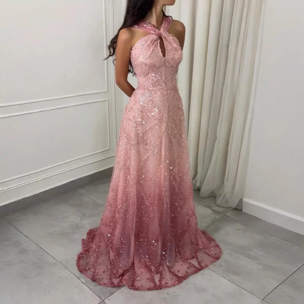 2026 Custom Gradient Pink Halter A Line Evening Dress Knot Neck Keyhole Sparkling Sequin Beading Sweep Train Formal Gala Dress