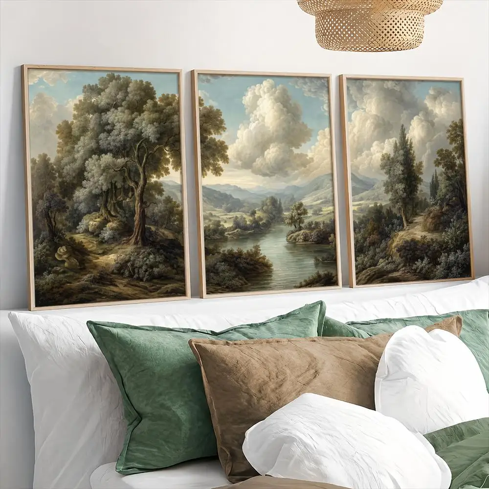 Vintage Pastoral River Valley Landscape Painting Calligraphy 3 PCS Canvas Wall Art Prints for Living Room Decor Wall Decals