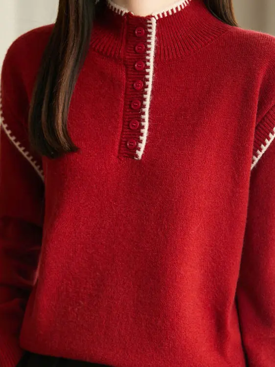 

Модный повседневный вязаный свитер для женщин, красный, на Новый год, мягкий, теплый, с длинными рукавами, с высоким круглым воротом