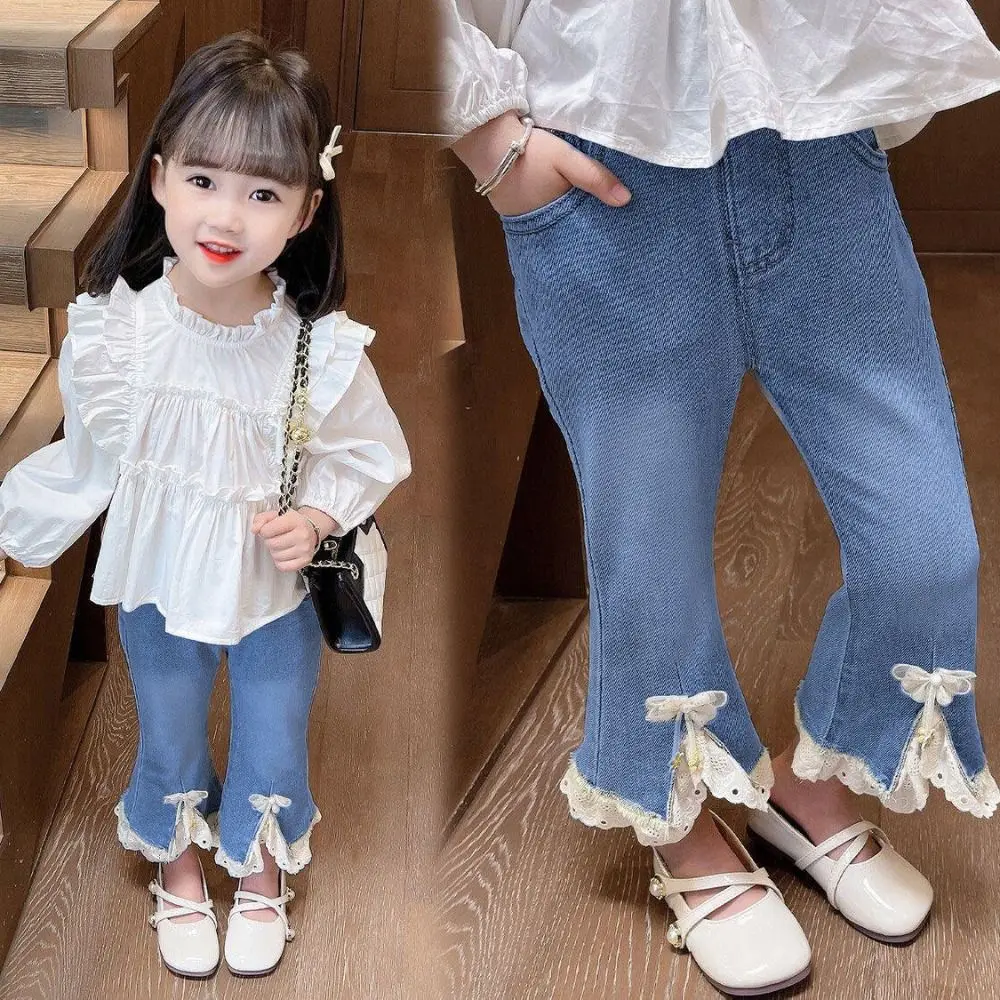 Jean en Denim avec nœud en dentelle Y2k, ample et irrégulier, pantalon à cloche pour adolescentes, vêtements à jambes larges, pantalon de Cowboy fendu pour filles, fête